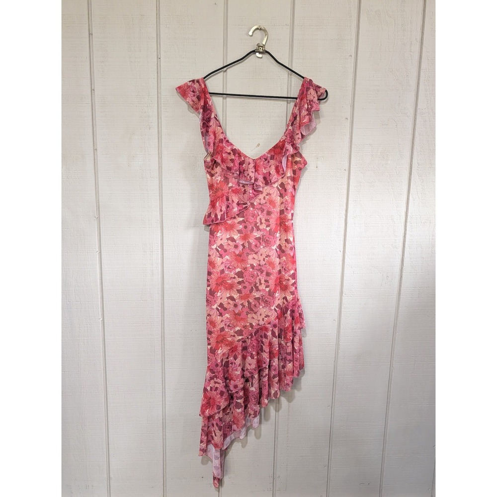 Mixed Threads Pink Floral Mesh Ruffle Asymmetrical Midi Dress Y2K Fairy Dainty M
